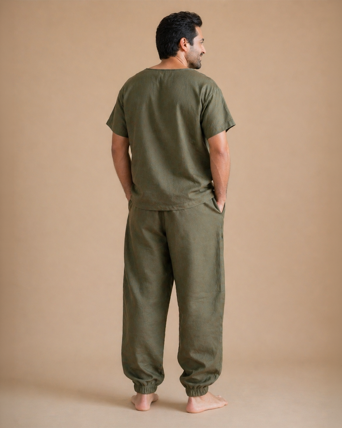 Men’s olive green linen co ord set – relaxed fit t shirt & jogger pants
