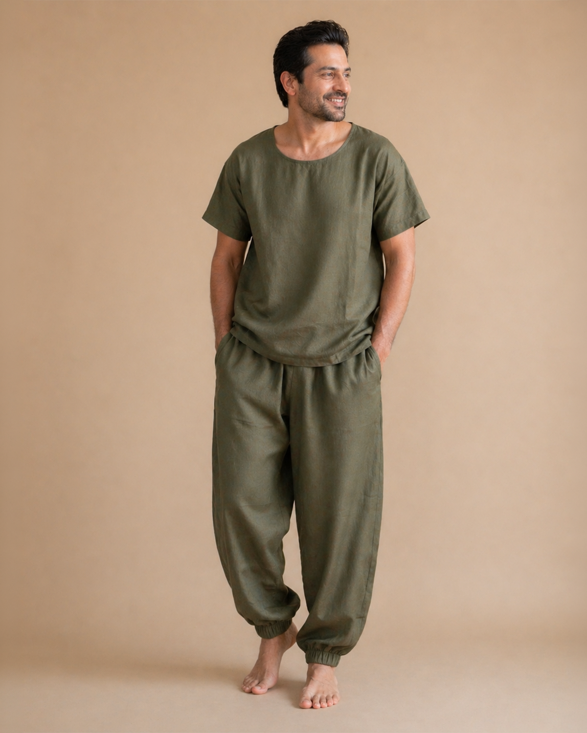 Men’s olive green linen co ord set – relaxed fit t shirt & jogger pants