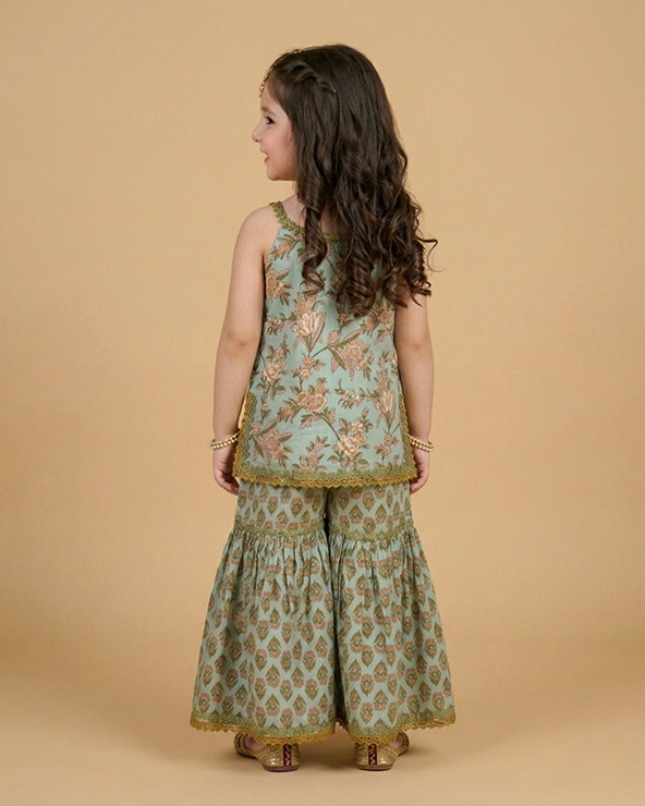 Girls mint green cotton sharara set with printed top|premium cotton ethnic wear