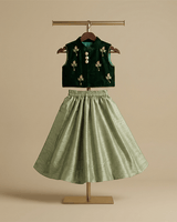 Hand Embroidered Green Velvet Top And Lehenga - BYB PREMIUM
