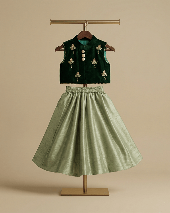 Hand Embroidered Green Velvet Top And Lehenga - BYB PREMIUM