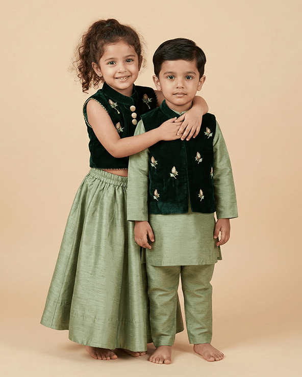Hand Embroidered Green Velvet Top And Lehenga - BYB PREMIUM