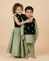 Hand Embroidered Green Velvet Top And Lehenga - BYB PREMIUM