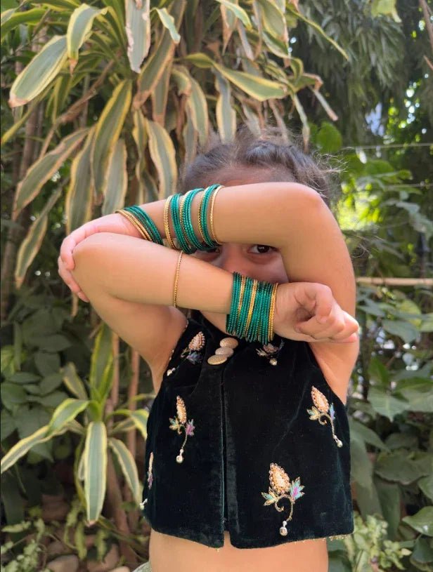 Hand Embroidered Green Velvet Top And Lehenga - BYB PREMIUM