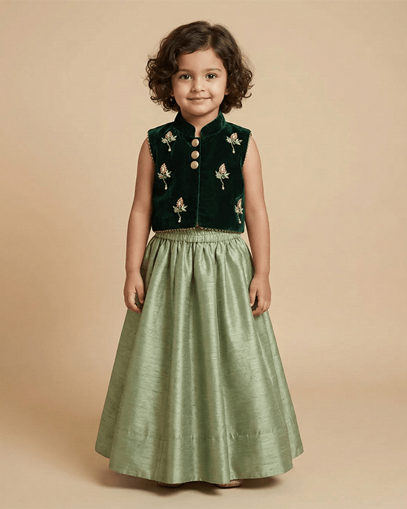 Hand Embroidered Green Velvet Top And Lehenga - BYB PREMIUM