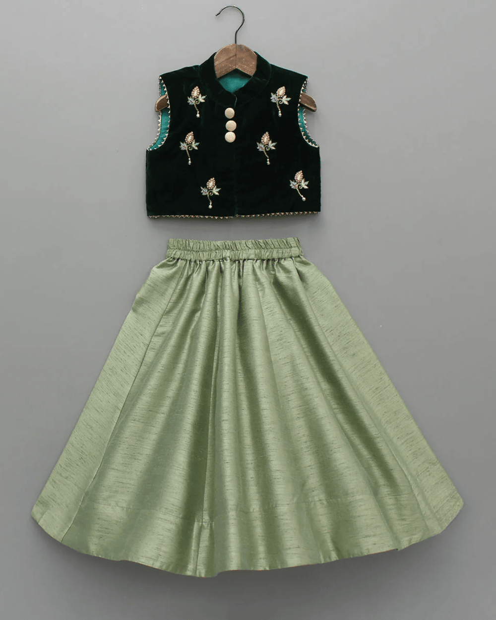 Hand Embroidered Green Velvet Top And Lehenga - BYB PREMIUM