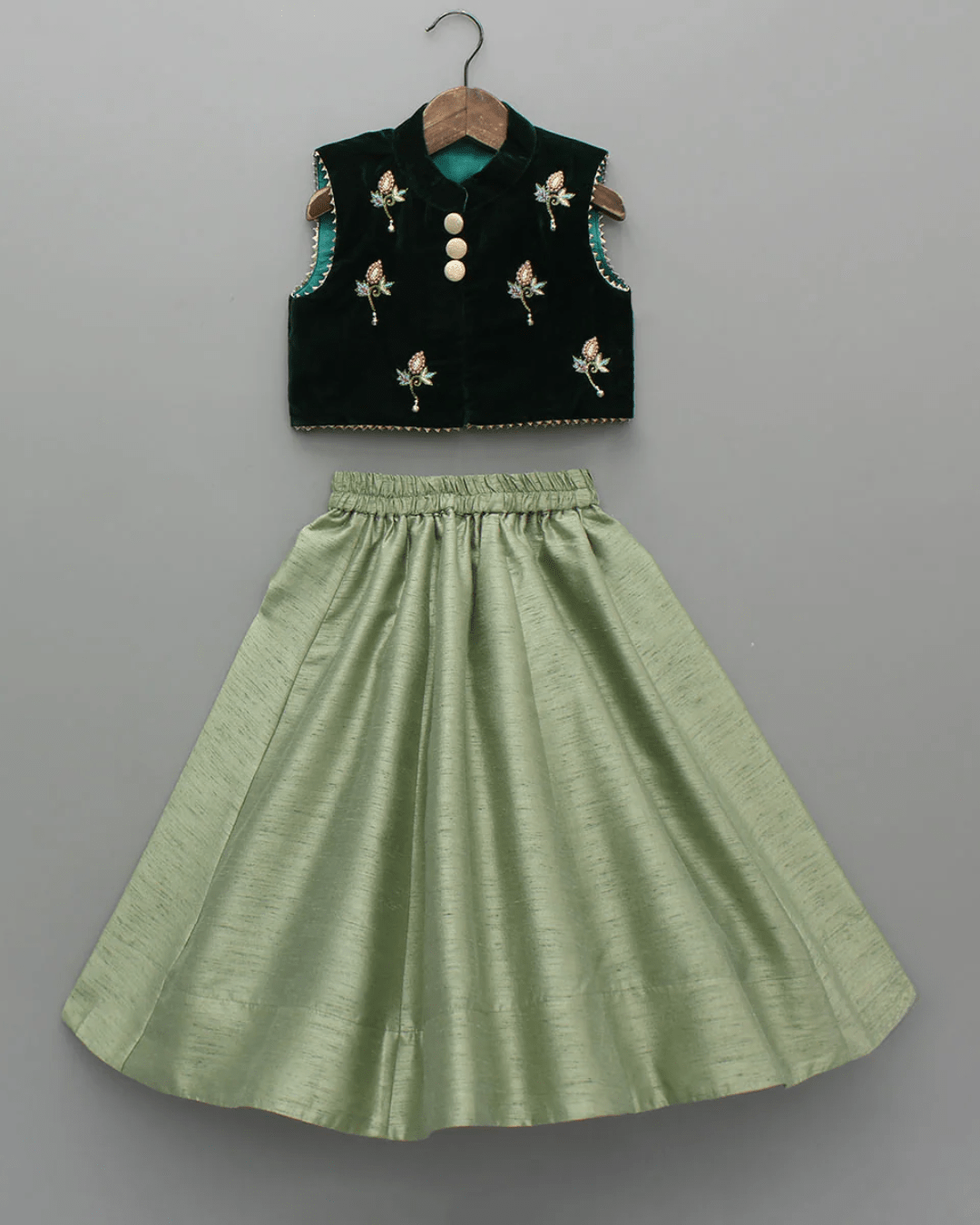 Hand Embroidered Green Velvet Top And Lehenga - BYB PREMIUM
