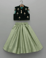 Hand Embroidered Green Velvet Top And Lehenga - BYB PREMIUM