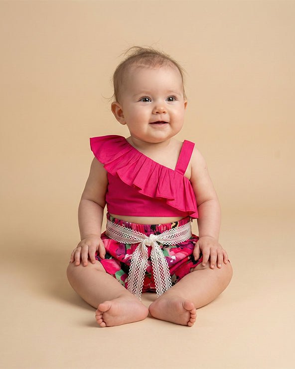 Hot Pink One-Shoulder Crop Top & Printed Shorts Set for Babies - BYB PREMIUM
