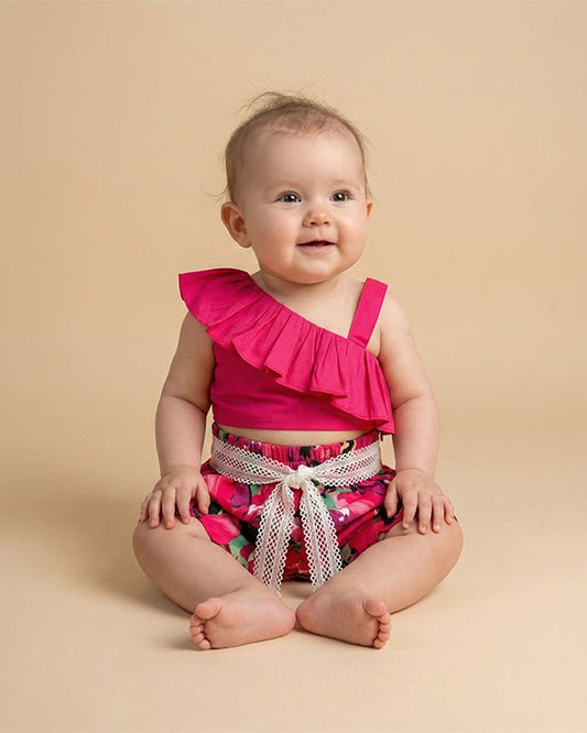 Hot Pink One-Shoulder Crop Top & Printed Shorts Set for Babies - BYB PREMIUM