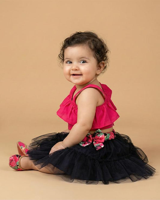 Hot Pink One-Shoulder Top with Black Tulle Skirt Set for Girls - BYB PREMIUM