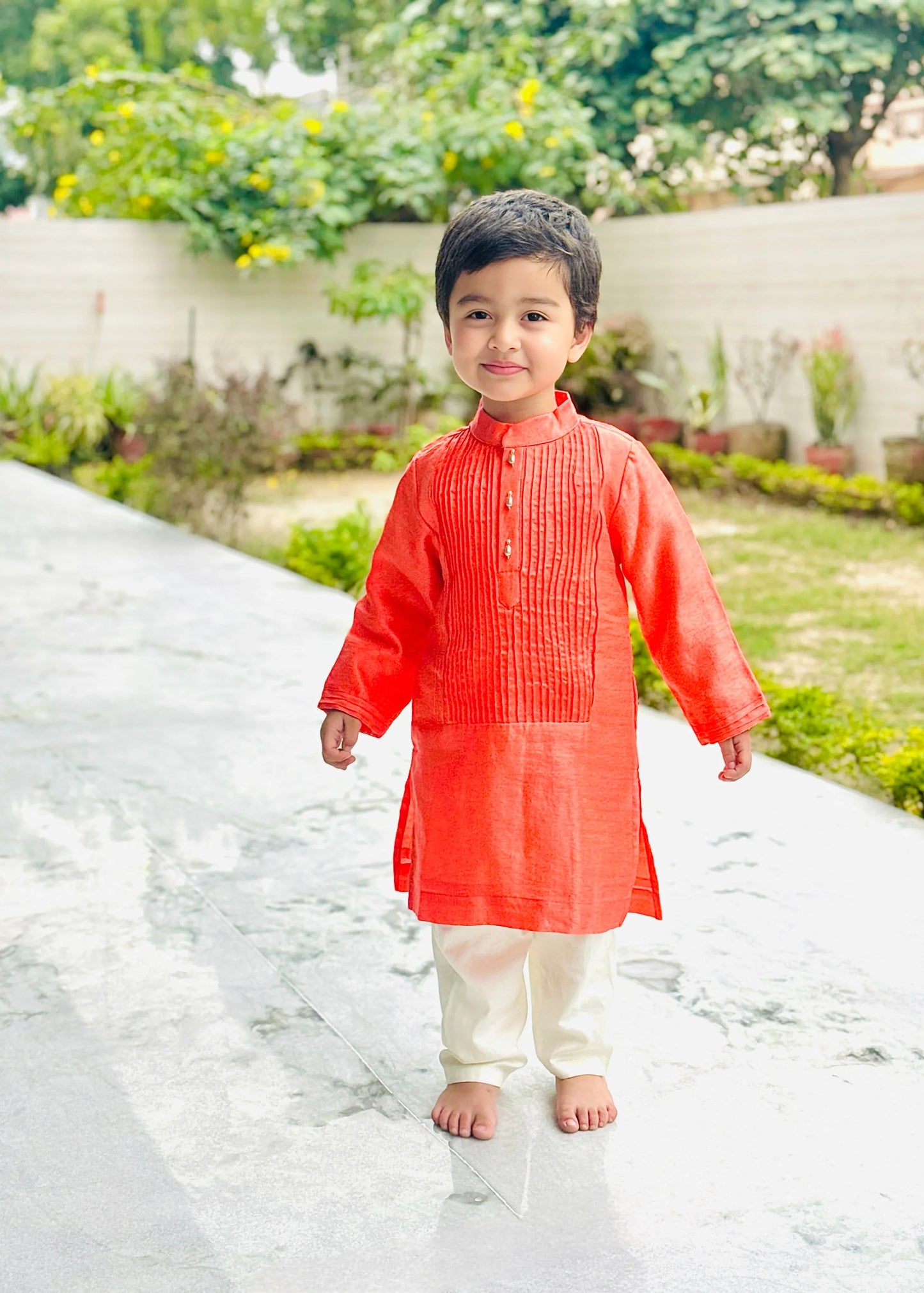 Bright Peach Kurta with Off-White Pyjama