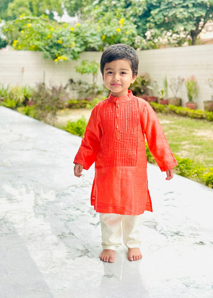 Bright Peach Kurta with Off-White Pyjama