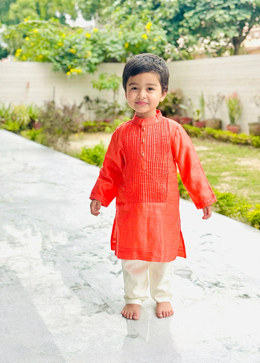 Bright Peach Kurta with Off-White Pyjama