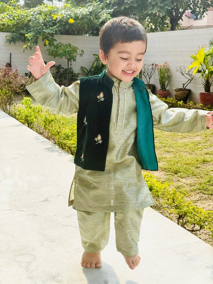 Sage Raw Silk Kurta with Velvet Bandi & Pyjama Set