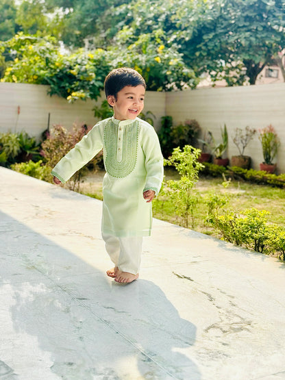 Light Green Chanderi Silk Kurta with Off-White Pyjama