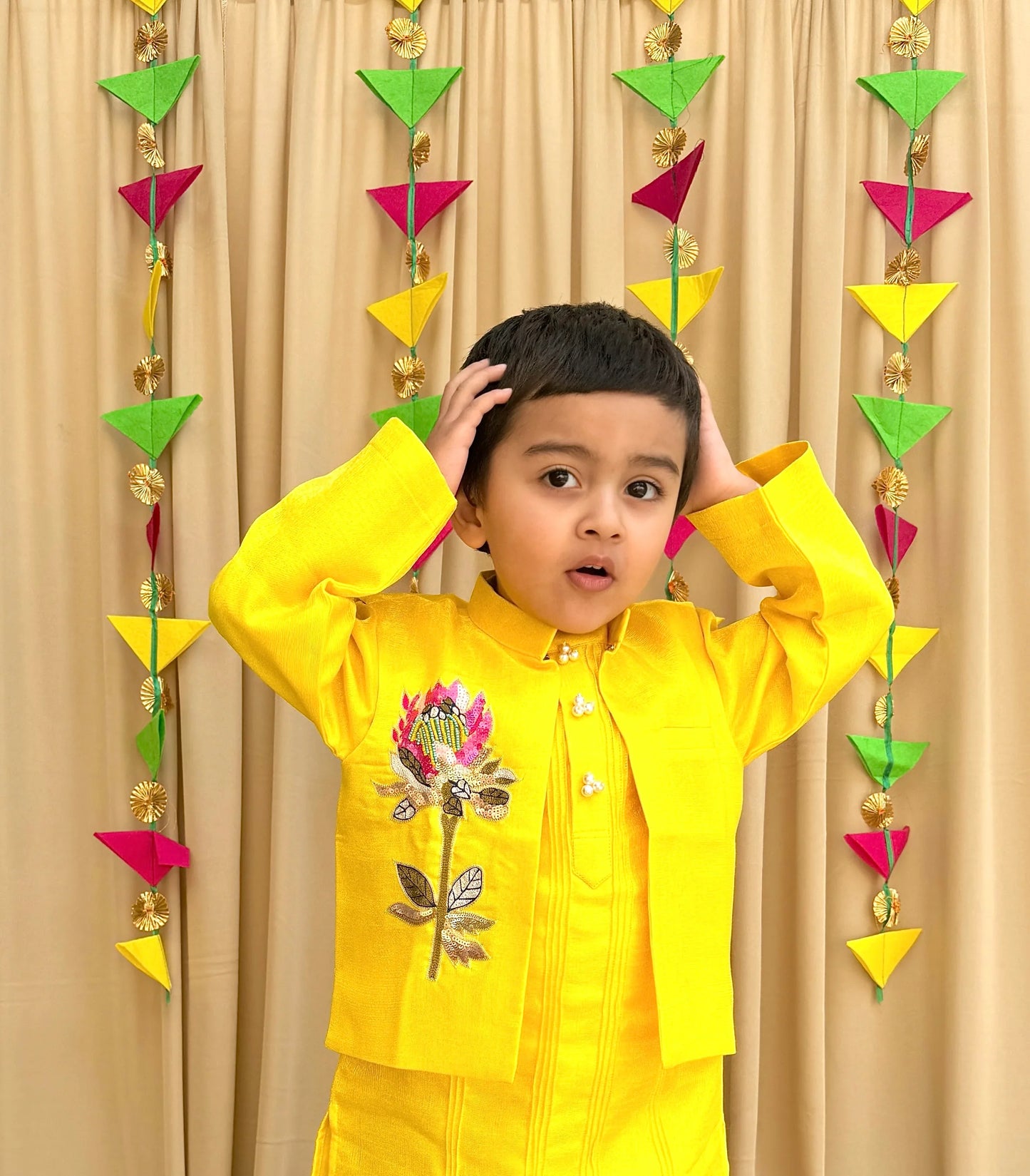 Bright Yellow Kurta Pyjama Set with Embroidered Jacket