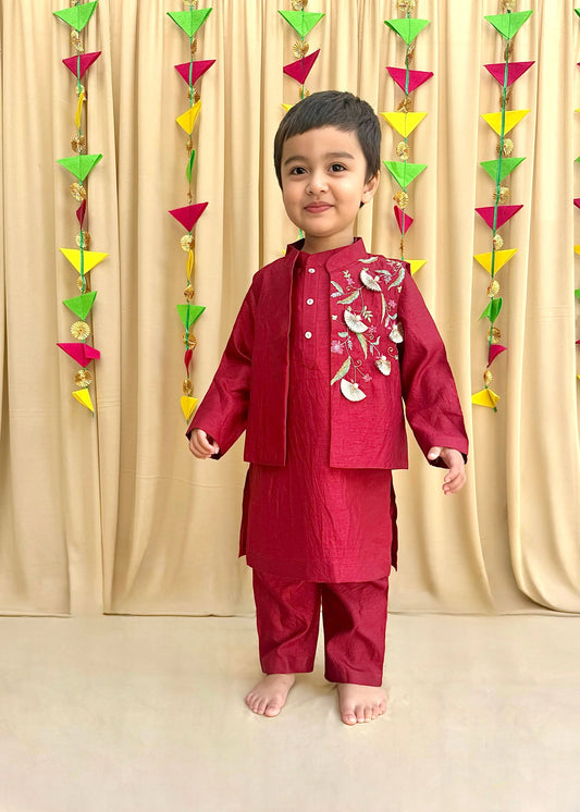 Maroon Kurta Pyjama with Embroidered Bandi