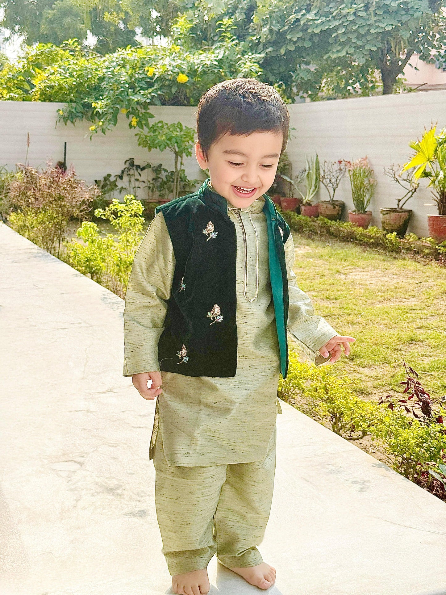 Sage Raw Silk Kurta with Velvet Bandi & Pyjama Set