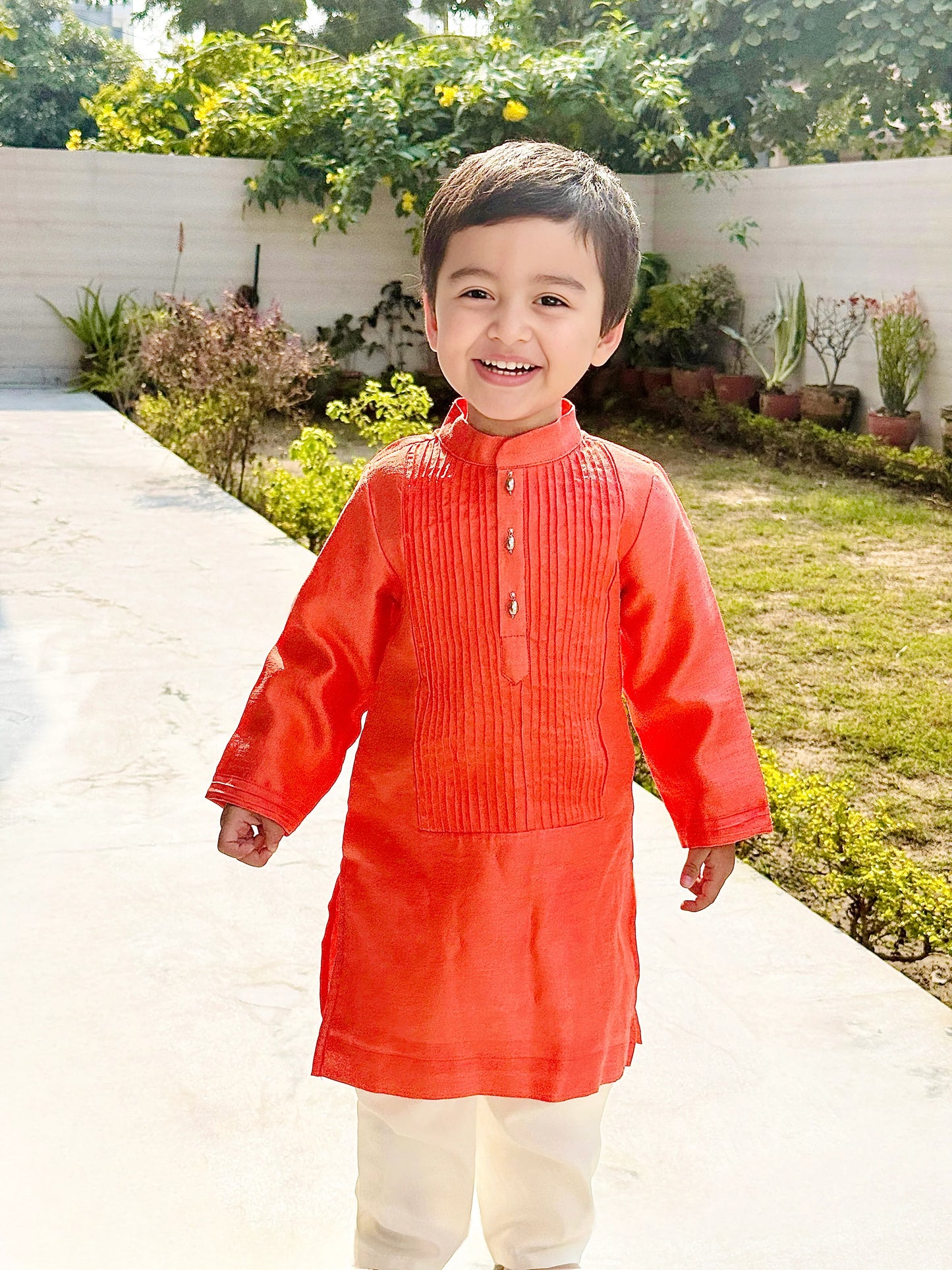 Bright Peach Kurta with Off-White Pyjama