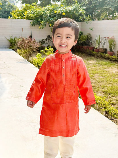 Bright Peach Kurta with Off-White Pyjama