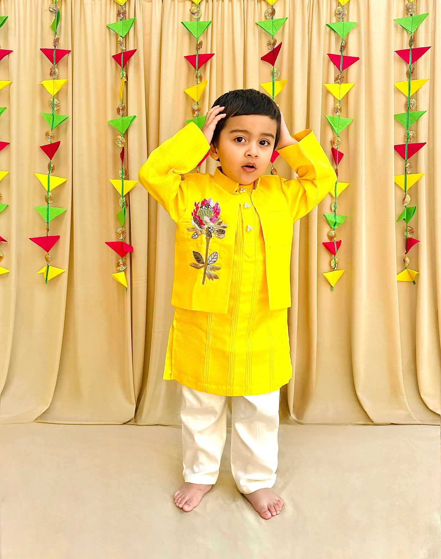Bright Yellow Kurta Pyjama Set with Embroidered Jacket