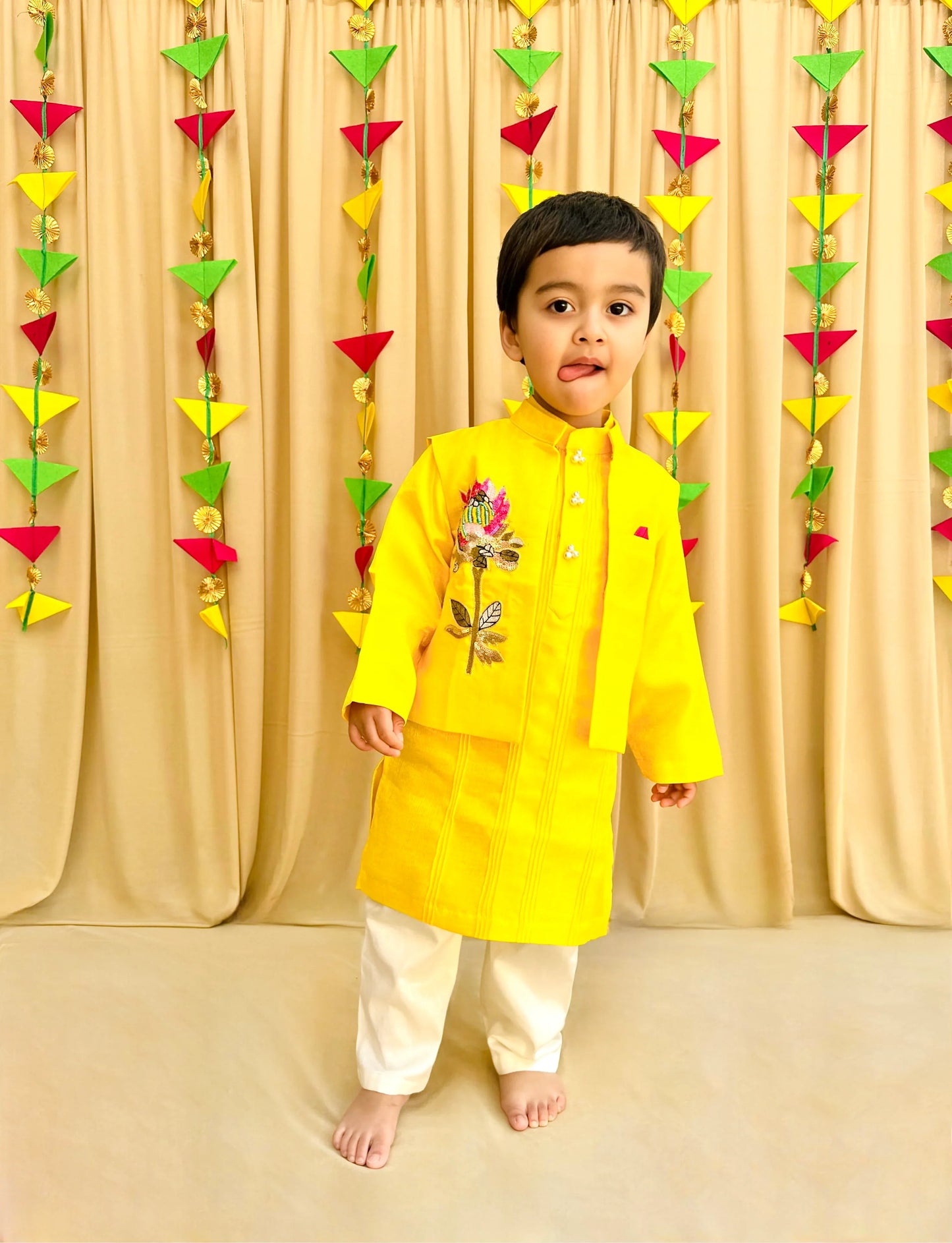 Bright Yellow Kurta Pyjama Set with Embroidered Jacket