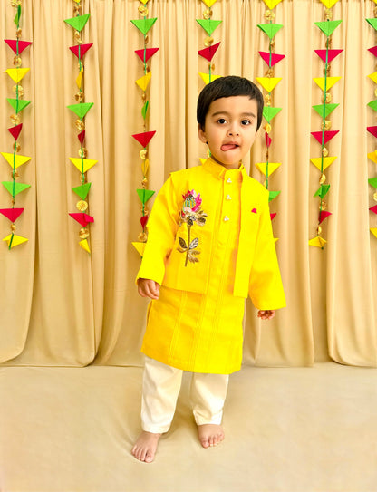 Bright Yellow Kurta Pyjama Set with Embroidered Jacket