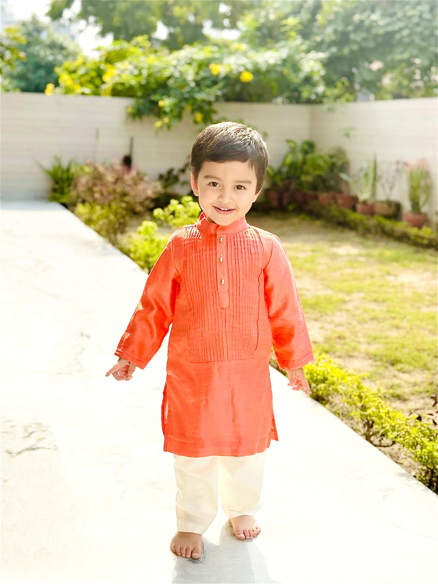 Bright Peach Kurta with Off-White Pyjama
