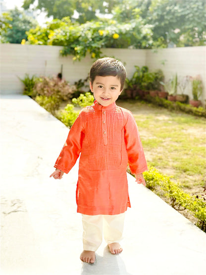 Bright Peach Kurta with Off-White Pyjama