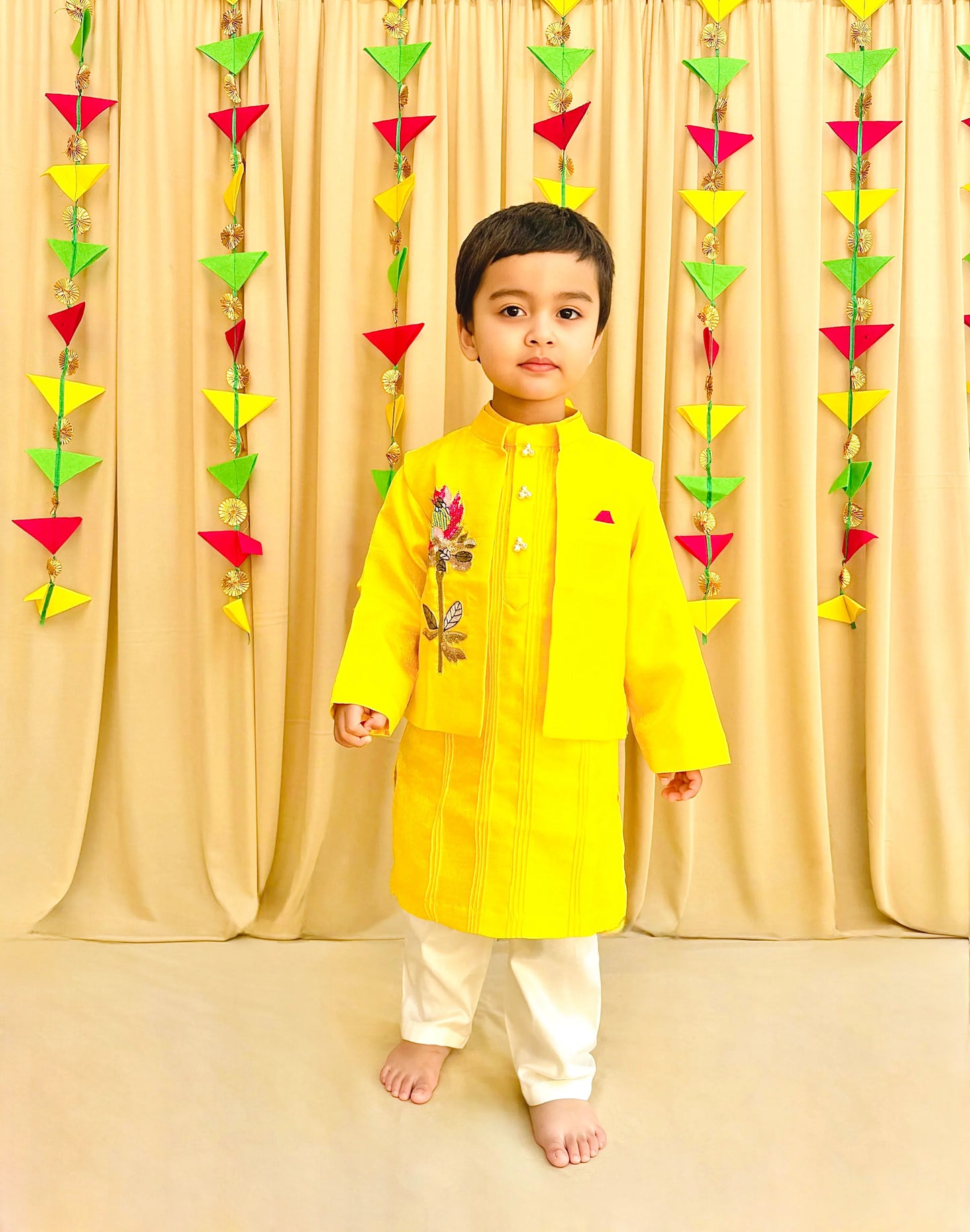 Bright Yellow Kurta Pyjama Set with Embroidered Jacket