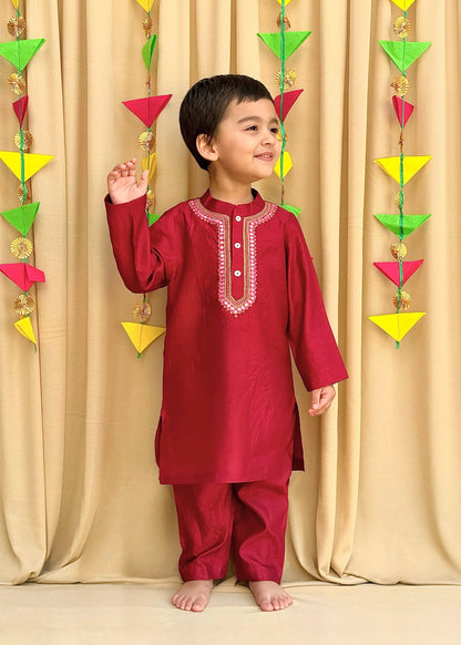 Maroon Kurta Pyjama with Mirror & Thread Embroidery