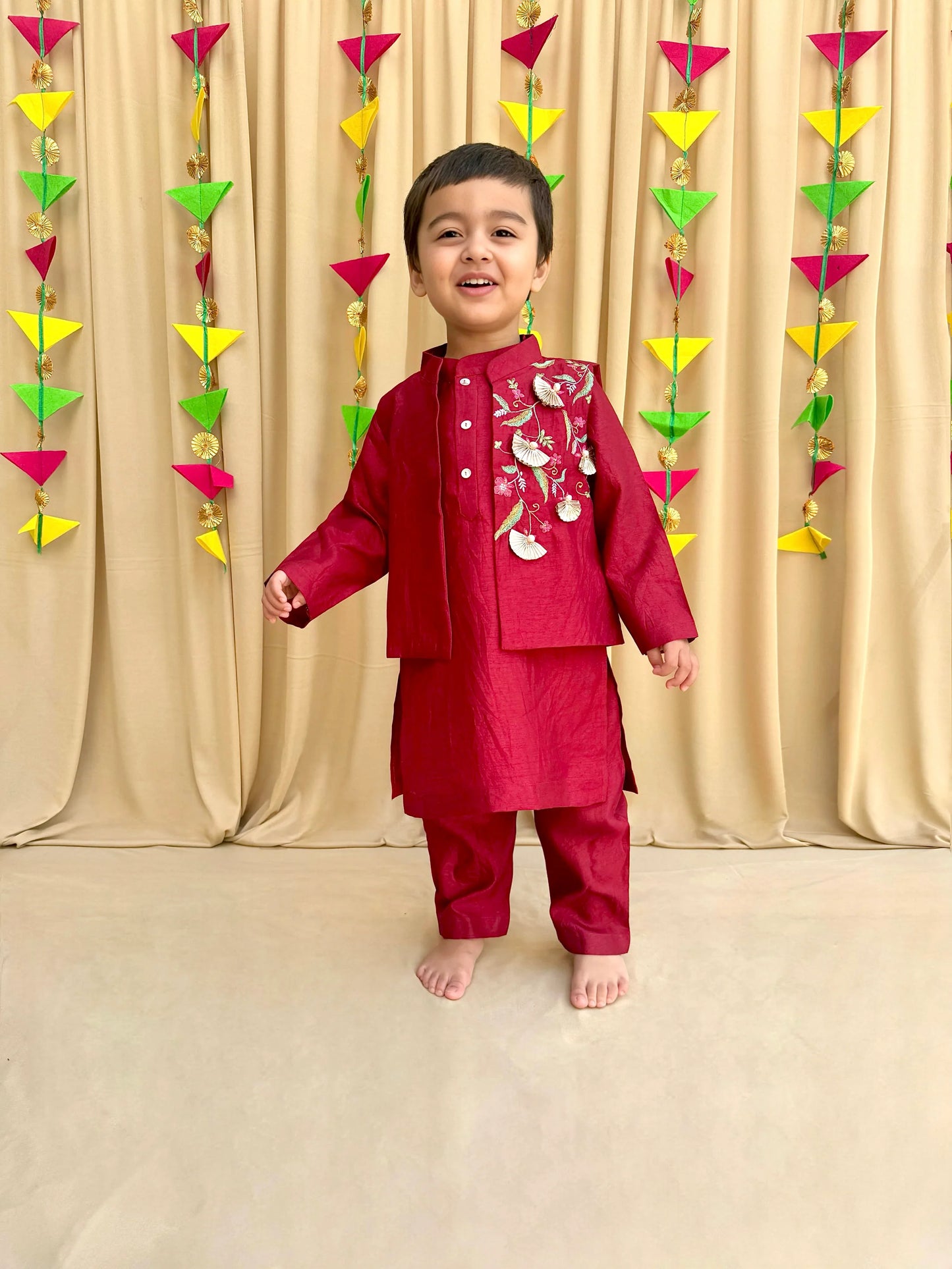 Maroon Kurta Pyjama with Embroidered Bandi