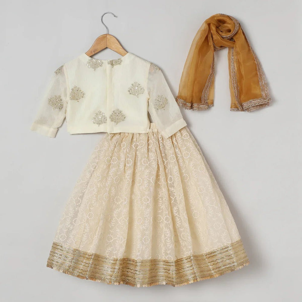 Ivory & Gold Jute Silk Lehenga Set for Girls with Organza Dupatta - BYB PREMIUM