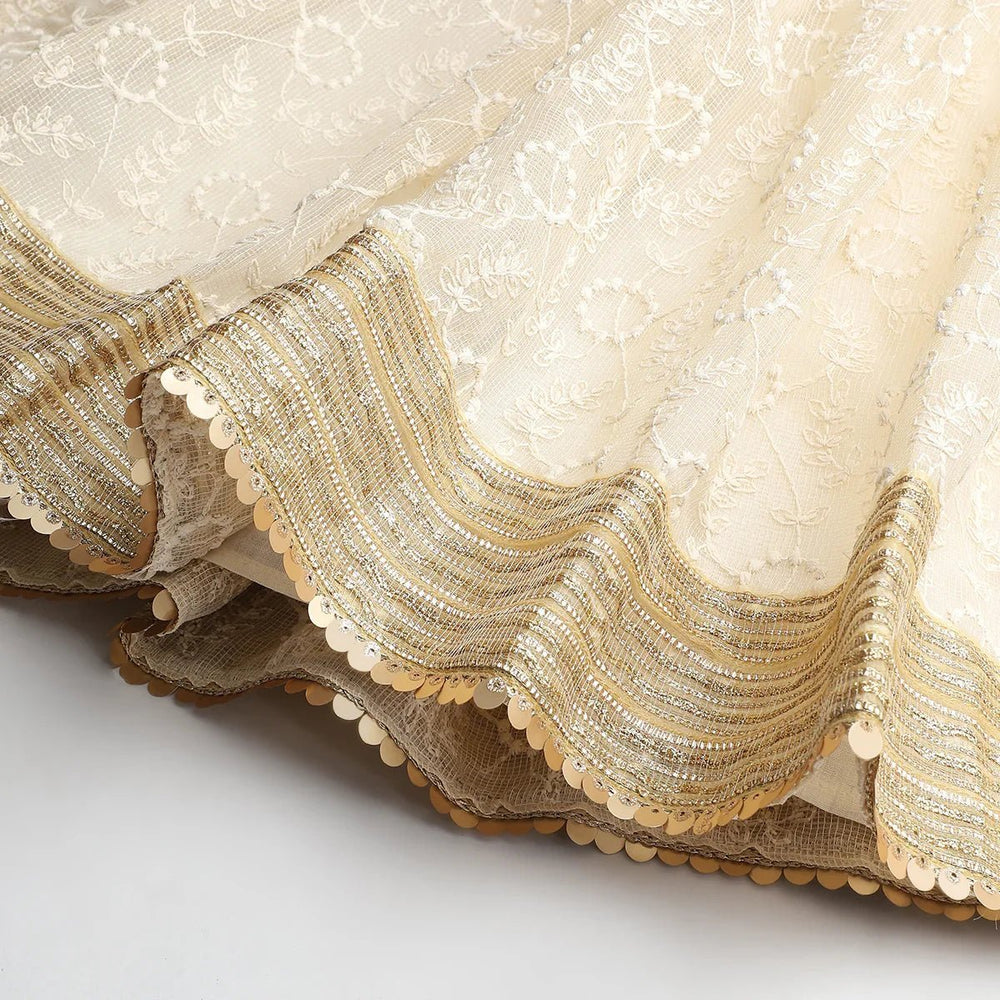 Ivory & Gold Jute Silk Lehenga Set for Girls with Organza Dupatta - BYB PREMIUM