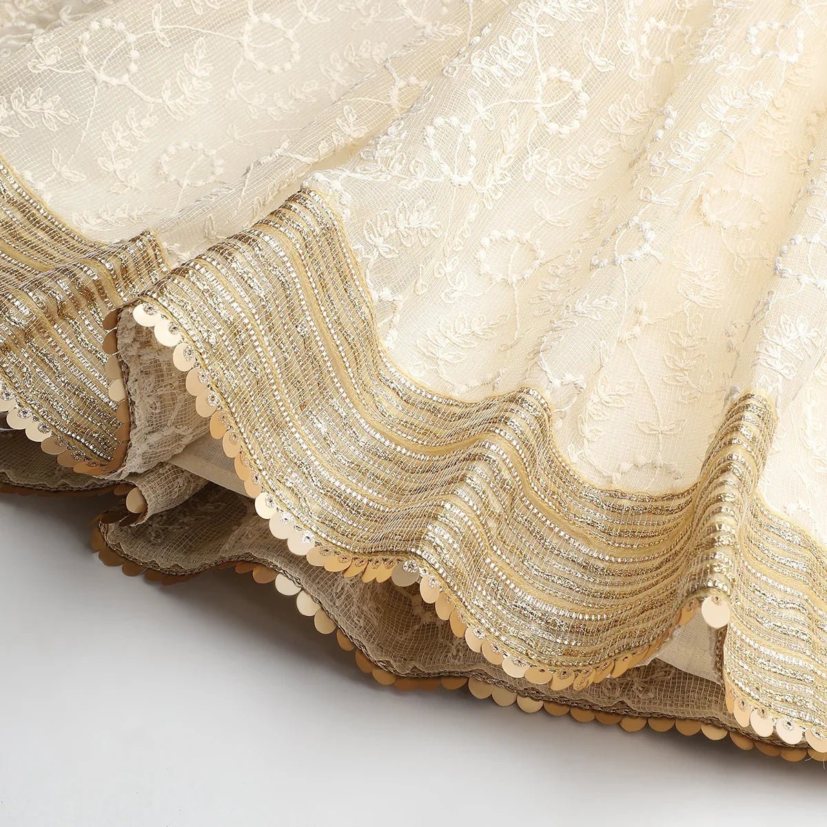 Ivory & gold jute silk lehenga set for girls with organza dupatta   byb premium