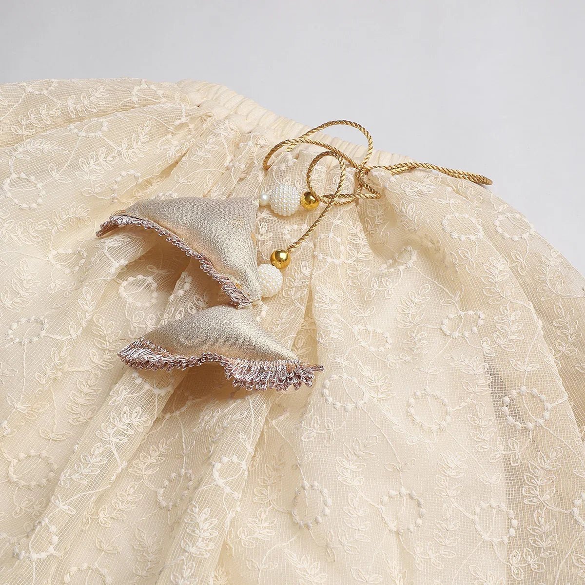 Ivory & Gold Jute Silk Lehenga Set with Organza Dupatta - BYB PREMIUM