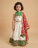 Ivory & Green Embroidered Lehenga Set for Girls with Bandhani Dupatta - BYB PREMIUM