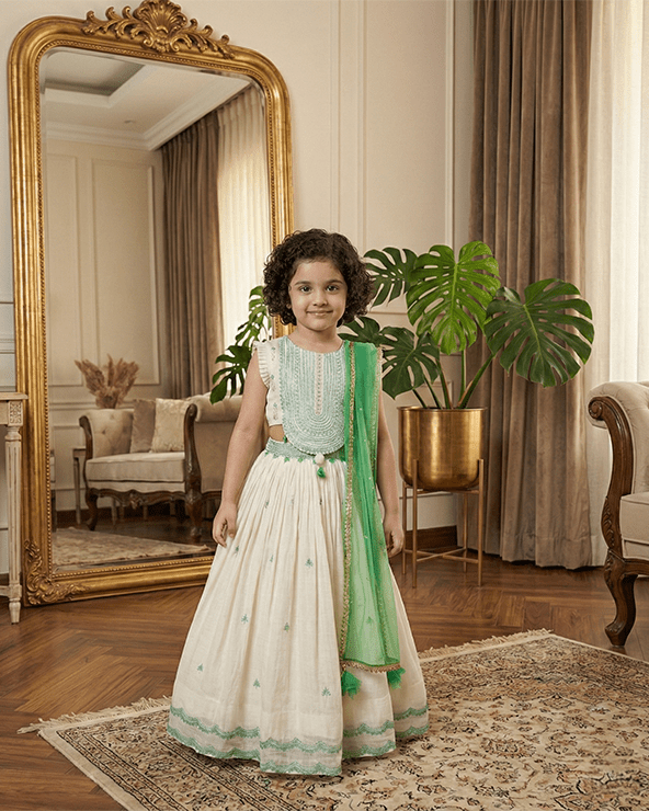 Ivory & Mint Green Lehenga Set for Girls with Dupatta - BYB PREMIUM