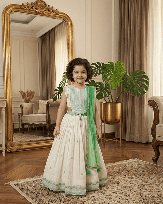 Ivory & Mint Green Lehenga Set for Girls with Dupatta - BYB PREMIUM