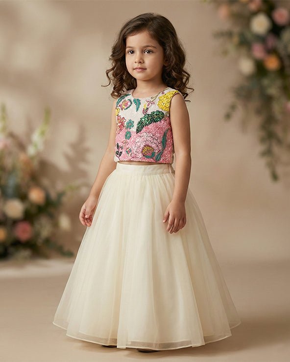 Ivory Organza Skirt Set for Girls with Multicolour Hand Embroidered Blouse - BYB PREMIUM