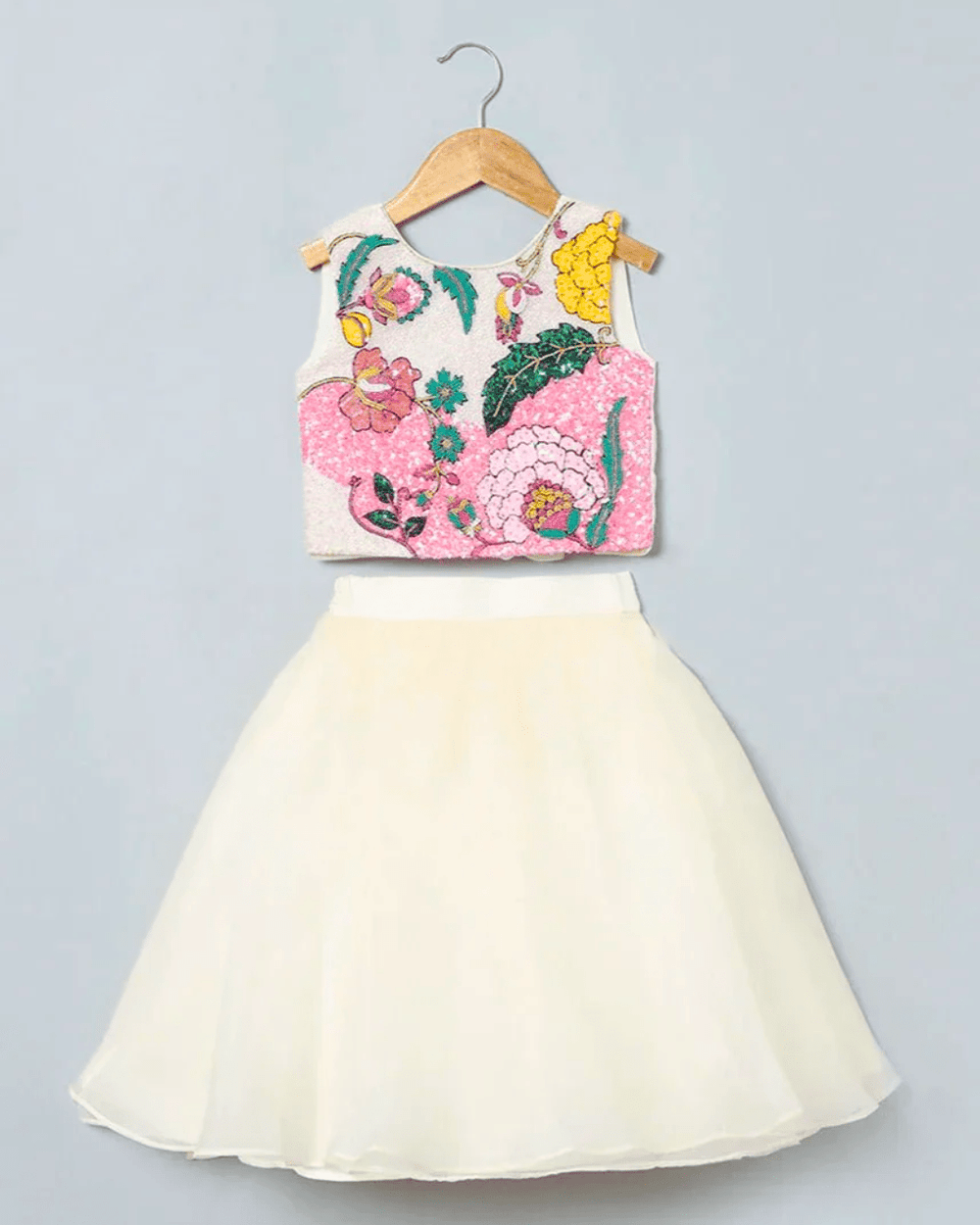 Ivory Organza Skirt Set for Girls with Multicolour Hand Embroidered Blouse - BYB PREMIUM