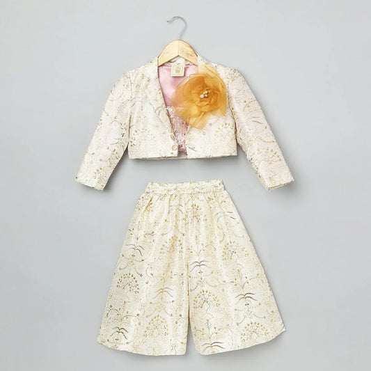 Ivory Silk, Cotton Sequins, Embroidery Floral Crop Jacket & Culottes Set - BYB PREMIUM