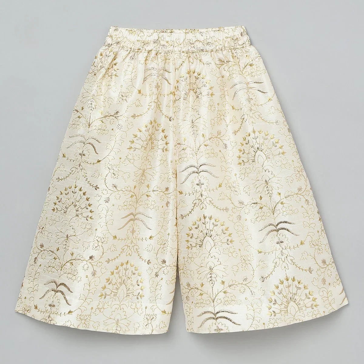 Ivory Silk, Cotton Sequins, Embroidery Floral Crop Jacket & Culottes Set - BYB PREMIUM