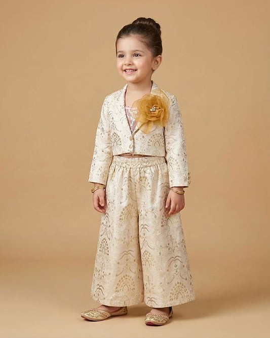 Ivory Silk Girls Crop Jacket & Culottes Set with Embroidery and Sequins - BYB PREMIUM