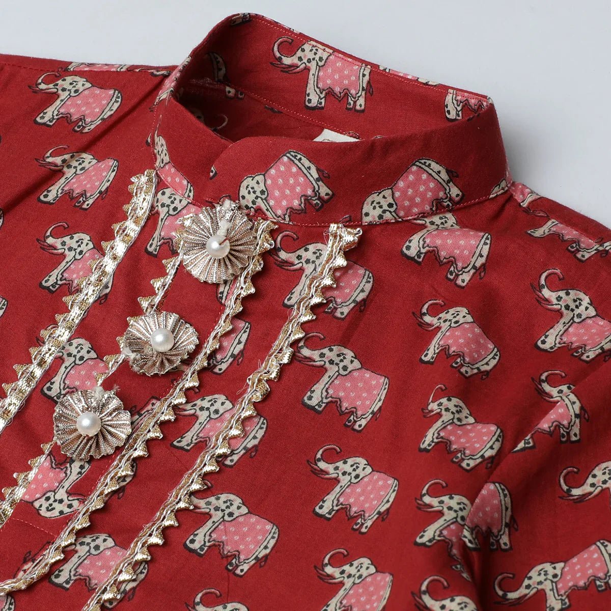 Jaipuri Elephant Print Red Kurta Pyjama Set for Boys - BYB PREMIUM