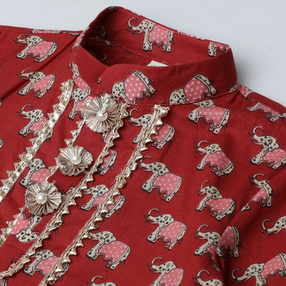 Jaipuri Elephant Print Red Kurta Pyjama Set for Boys - BYB PREMIUM