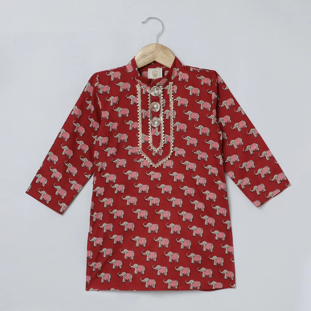 Jaipuri elephant print red kurta pyjama set for boys   byb premium