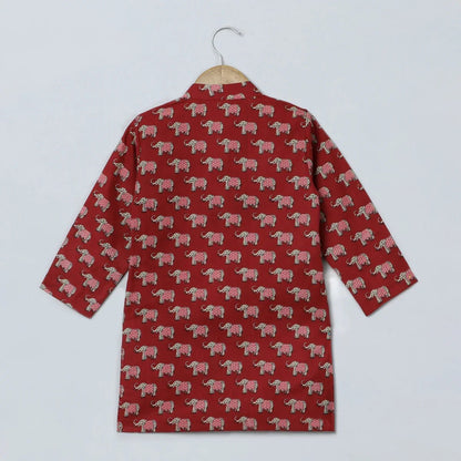 Jaipuri Elephant Print Red Kurta Pyjama Set for Boys - BYB PREMIUM