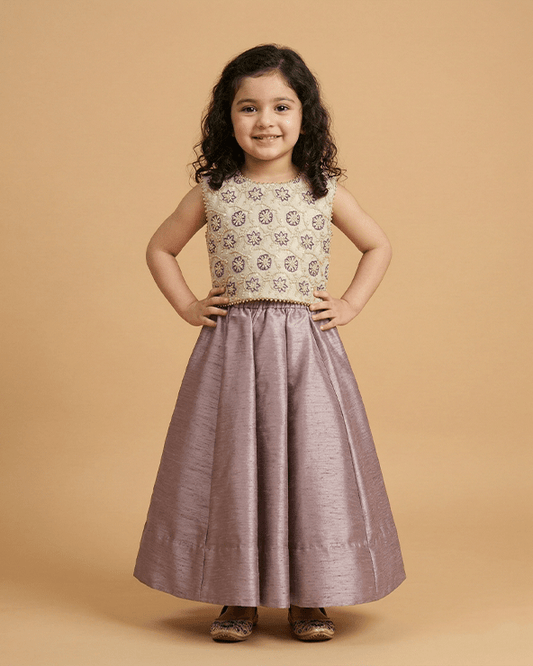 Lavender Raw Dupion Silk Girls Dress with Chanderi Top & Pearl Embroidery - BYB PREMIUM